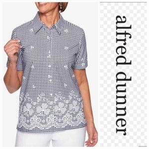 NWT Alfred Dunner Navy and White Gingham Button Down Shirt ~S